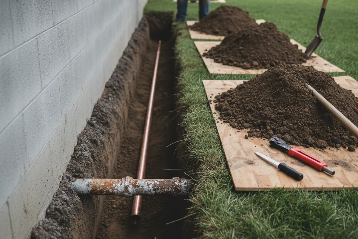 Excavated water line trench during Water Softener Installation in Howe